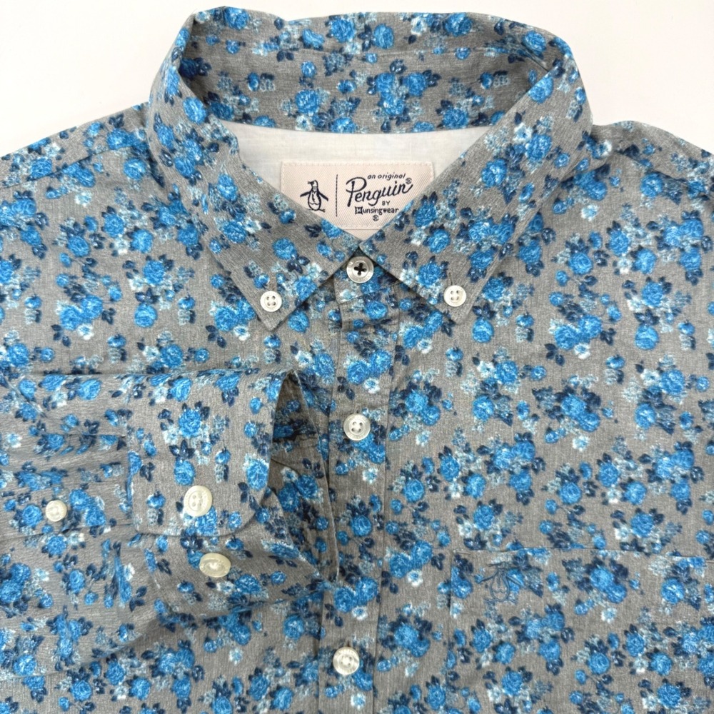 Original Penguin Shirt Men M Blue Grey Floral Button Down Heritage Fit Long Slv
